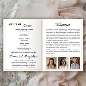 Celebration of life program template with elegant memorial cover, round photo frame, gold border, floral arrangement, and printable funeral booklet layout.