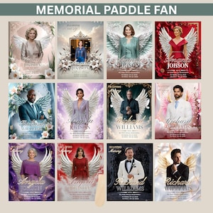 May include: A collection of twelve memorial paddle fans featuring portraits of individuals with angel wings, floral accents, and clouds. Each design includes the text In Loving Memory, names like Angela Johnson or Richard Williams, and sunrise and sunset dates.