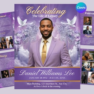 May include: A memorial service announcement with a portrait of a man in a lavender suit and gold tie. The text reads "Celebrating The Life & Legacy" and "Daniel Williams Lee." The design features doves, gates, and floral elements.
