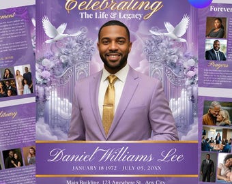 Funeral Program Template, Purple Memorial Canva Editable, Celebration of Life, Obituary Template, In Loving Memory, Funeral Announcement