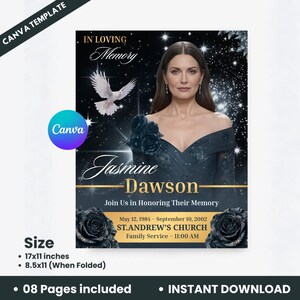 Elegant Black Funeral Program Template Canva, Dark Floral Memorial Booklet, Celebration of Life Obituary