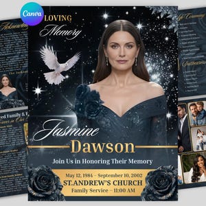 Op de afbeelding: Een herdenkingsdienst aankondiging met een portret van Jasmine Dawson, een duif en een sterrenachtergrond. De tekst bevat data, kerkdetails en een uitnodiging om haar nagedachtenis te eren. Het ontwerp bevat zwarte rozen en gouden accenten.