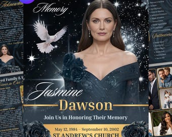 Black Rose Funeral Program Template Women 8 Page, Canva Editable Obituary, Starlight Memorial Bi-Fold, Celebration of Life, Instant Download