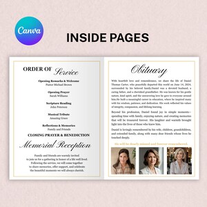 In loving memory funeral booklet template with editable Canva layout, photo cover, obituary section, order of service page, and classic gold trim.