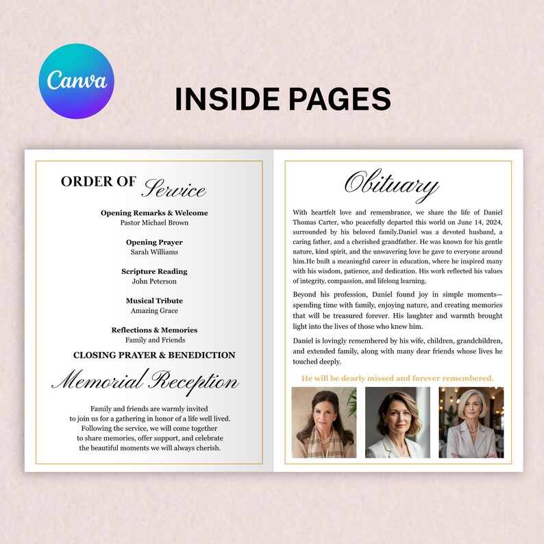 In loving memory funeral booklet template with editable Canva layout, photo cover, obituary section, order of service page, and classic gold trim.
