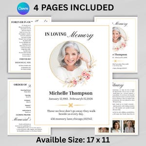May include: A memorial service template with four pages. The main page features a photo of a woman, floral accents, and the text "In Loving Memory." The template includes the name Michelle Thompson, dates, and a quote. The available size is 17 x 11 inches.