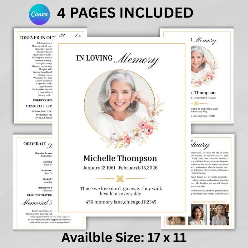 May include: A memorial service template with four pages. The main page features a photo of a woman, floral accents, and the text "In Loving Memory." The template includes the name Michelle Thompson, dates, and a quote. The available size is 17 x 11 inches.