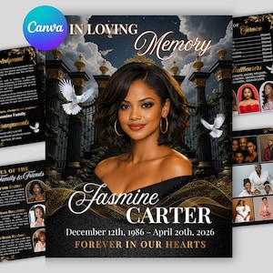 May include: A memorial card featuring a portrait of Jasmine Carter, with the text "In Loving Memory." The design includes doves, ornate gold accents, and the dates December 12th, 1986 - April 20th, 2026. The words "Forever in Our Hearts" are also displayed.