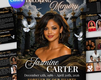 Black Gold Funeral Program Template Women 8 Page | Canva Editable Obituary | Memorial Bi-Fold | Celebration of Life | Instant Download