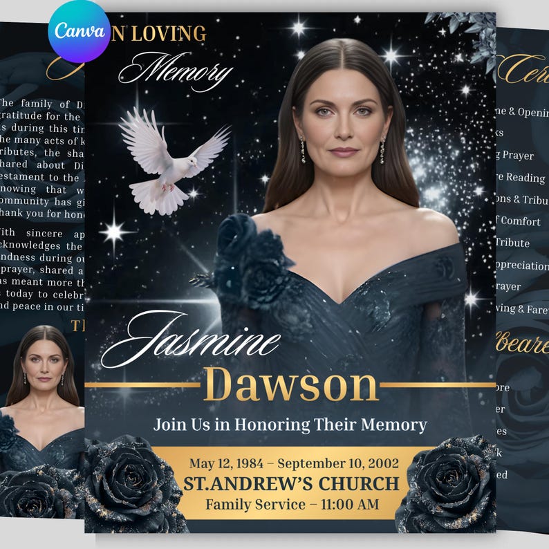 Black Rose Memorial Program Template Canva, Night Sky Funeral Booklet, Editable Obituary Download