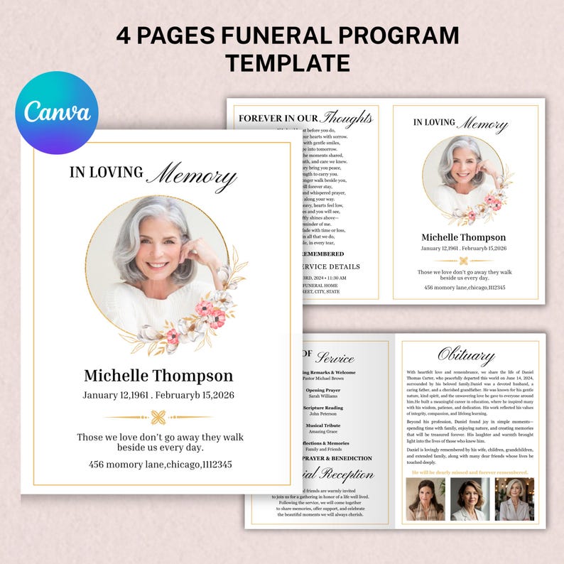 Printable funeral program Canva template with elegant white design, gold accents, floral details, and customizable celebration of life service pages.