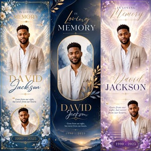 May include: A vertical memorial banner featuring a portrait of David Jackson in a beige blazer and white shirt. The design includes the text 'IN LOVING MEMORY', 'DAVID JACKSON', 'Gone from our sight, but never from our hearts', and '1990-2025'.