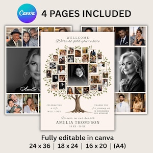 Puede incluir: Una plantilla de collage fotográfico conmemorativo con un gráfico de árbol central y numerosos marcos pequeños, incluyendo el texto WELLCOME We're so gold you're here, CELEBRATING a life WELL LIVED, THANKS YOU for joining us IN HONORING HIS MEMORY y AMELIA THOMPSON.