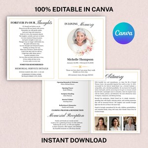 Editable memorial service program template featuring an in loving memory cover, gold border, portrait photo frame, soft flowers, and obituary booklet pages.