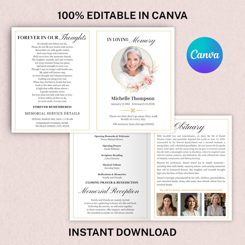 Editable memorial service program template featuring an in loving memory cover, gold border, portrait photo frame, soft flowers, and obituary booklet pages.