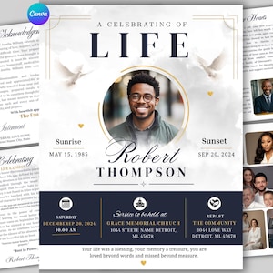 May include: A funeral program template titled A CELEBRATING OF LIFE featuring a circular portrait of a smiling person with glasses, two white doves, and gold accents. Text includes Robert Thompson, dates, and service details on a white and navy background.