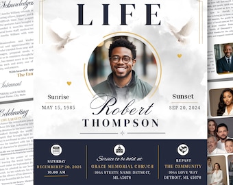Navy Blue Funeral Program Template 8 Page | Obituary Memorial Program | Celebration of Life | Canva Editable | Instant Download