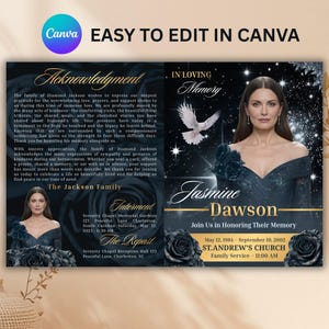 Black Floral Funeral Program Canva Template, Elegant Obituary Booklet, 8 Page Memorial Download