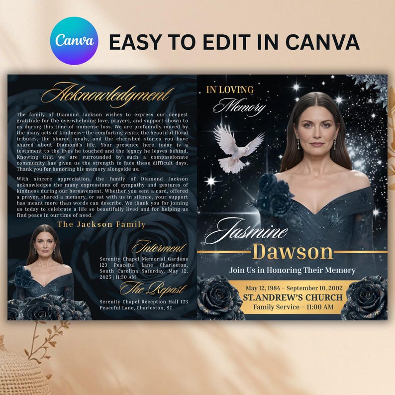 Black Floral Funeral Program Canva Template, Elegant Obituary Booklet, 8 Page Memorial Download