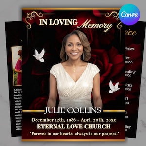 Op de afbeelding: Een herdenkingskaart met een portret van Julie Collins tegen een achtergrond van rode rozen. De kaart bevat de tekst "In Loving Memory" en de data 12 december 1986 - 20 april 20xx, en "Eternal Love Church".