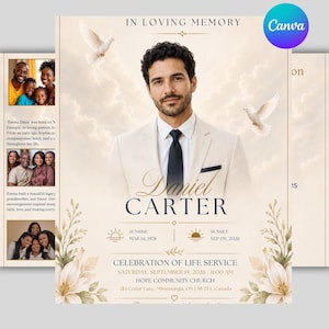 May include: A funeral program template featuring a portrait of a man in a beige suit and black tie, with the text IN LOVING MEMORY, DANIEL CARTER, and CELEBRATION OF LIFE SERVICE. The design includes white doves, floral accents, and cloud imagery.
