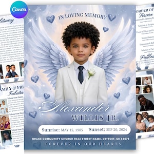 Puede incluir: Una plantilla de programa conmemorativo con un niño pequeño con alas de ángel, el texto IN LOVING MEMORY, Alexander WILLIS JR., Sunrise: MAY 15, 1985, Sunset: SEP 20, 2024, y GRACE COMMUNITY CHURCH 1044 STREET NAME. DETROIT, MI 45678 FOREVER IN OUR HEARTS.