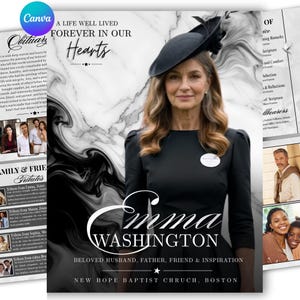 Puede incluir: Una plantilla de programa funerario con fondo de mármol blanco y negro, el texto A LIFE WELL LIVED FOREVER IN OUR HEARTS y el nombre Emma Washington. El diseño incluye un retrato central de una persona con vestido y sombrero negros.