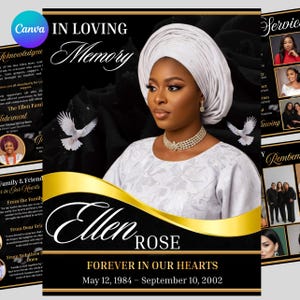 Peut inclure: Carte commémorative avec un portrait d'une femme portant un foulard et une robe blancs. La carte comprend le texte "In Loving Memory" et "Ellen Rose Forever in Our Hearts" avec des dates. Le fond présente un motif floral noir et des colombes blanches.