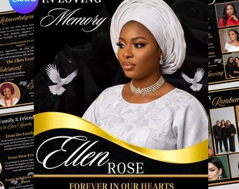 8 Page Black Gold Funeral Template, In Loving Memory Elegant Obituary Program, Memorial Celebration of Life (Canva, Digital Download)