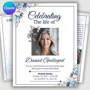 May include: A funeral announcement featuring a photograph of a woman with grey hair. The text reads "Celebrating The life of Daniel Gallegod" with service details for October 18, 2025.
