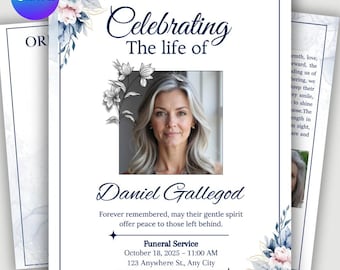 Minimalist Funeral Program Template Women | Navy Floral Canva Editable Obituary | Memorial Bi-Fold | Celebration of Life | Instant Download