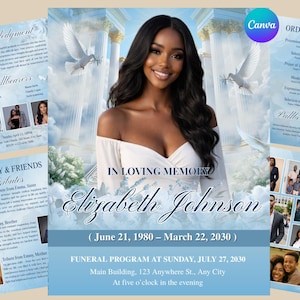 Modelo de programa funerário azul celeste de 8 páginas | Obituário dobrável 17x11 para celebração da vida | Download digital editável do Canva