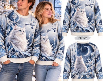 Suéter personalizado de gato blanco y luna, suéter de punto con nombre personalizado de gato celestial, regalo a juego para parejas amantes de los gatos
