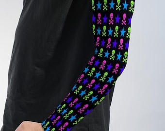 Neon Star Arm Sleeves Colorful Y2K Pattern UV Protection Compression Sleeves for Running Cycling Outdoor Sports