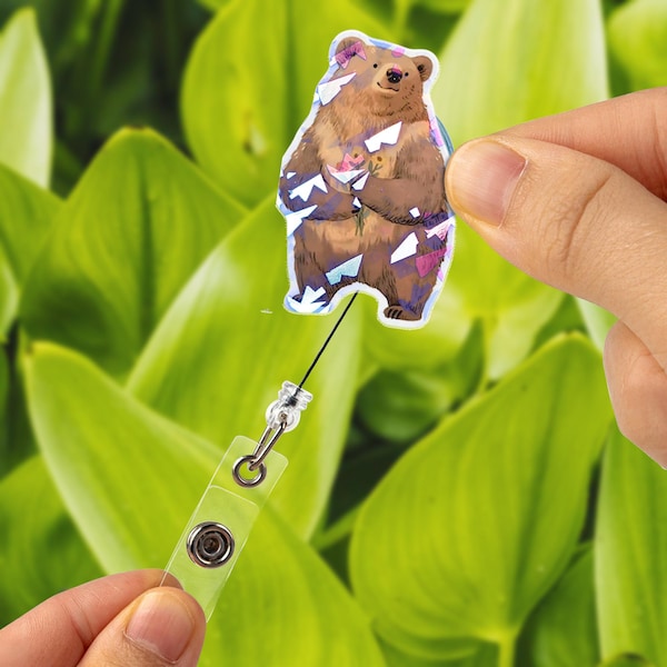 Cute Bear Badge Reel, Woodland Bear ID Holder, Kawaii Forest Animal Badge Reel, Retractable Badge Clip Gift
