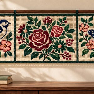 Cottage Garden Filet Crochet Table Runner Pattern PDF, Bird Roses Butterfly Triptych, Floral Wall Hanging, Written Rows, Instant Download