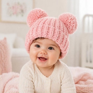 May include: A baby wearing a pink knitted hat with two large pom-poms. The hat is ribbed and covers the baby's head. The baby is smiling and wearing a white long-sleeved shirt. The background includes a pink blanket and a framed picture.