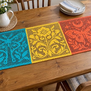 Butterfly Botanical Filet Crochet Table Runner Pattern, 3 Panel Floral Lace PDF, Butterfly Wall Hanging, Written Rows, Instant Download