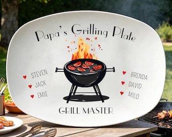 Bandeja personalizada para barbacoa - Diseño de llamas de maestro parrillero / Regalo para el Día del Padre, bandeja personalizada con nombres de niños