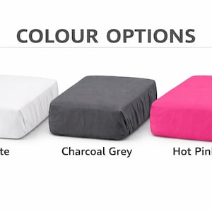 May include: Three rectangular bean bag chairs in white, charcoal grey, and hot pink. The text "COLOUR OPTIONS" is above the bean bags. Below each bean bag is the colour name: "White", "Charcoal Grey", and "Hot Pink".