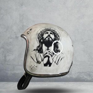 Custom Helmet Slimhead 500TX Patina Jesus Artwork Retro Style for Motorcycle Chopper Bobber