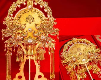 Handgemaakte gouden Phoenix bruids waaier, Chinese bruiloft parel kwastje