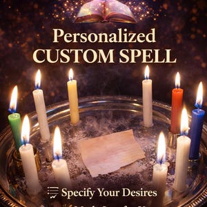 Puede incluir: Una escena mística con una bandeja plateada con velas encendidas de varios colores, incluyendo blanco, verde, rojo y azul. El texto "Personalized CUSTOM SPELL" se muestra encima de la bandeja, con las palabras "Specify Your Desires" y "Made Just for You" debajo.
