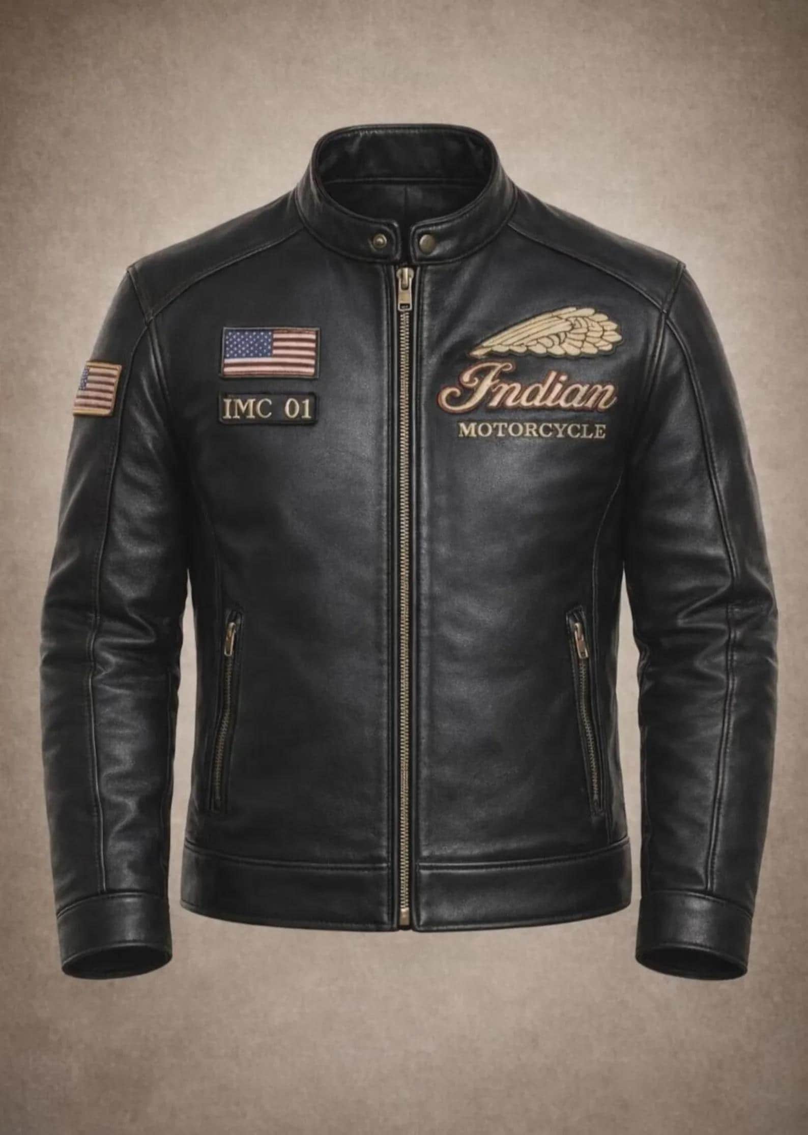 Men's Indian Motorcycle Leather Jacket: Genuine Cowhide Biker Coat, Embroidered Logo, Retro Style