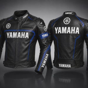 Puede incluir: Una chaqueta de moto de cuero negro con detalles en azul y el logotipo blanco de Yamaha impreso en el pecho, las mangas y la espalda. La chaqueta incluye un cuello alto con cierre de botón a presión, cremallera frontal y detalles acanalados.