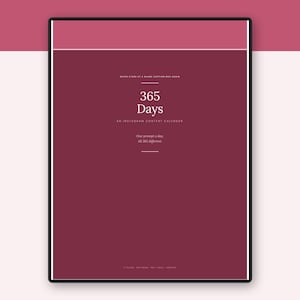 Puede incluir: Un calendario de contenido rectangular de color granate con texto blanco que dice: NEVER STARE AT A BLANK CAPTION BOX AGAIN, 365 Days, AN INSTAGRAM CONTENT CALENDAR, One prompt a day. All 365 different. El diseño tiene un borde granate y una barra rosa.