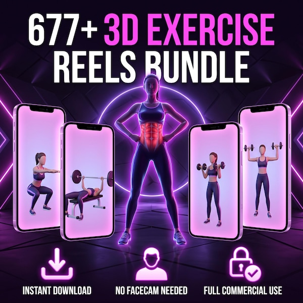 677 3D Exercise Videos Bundle | Workout Demo Library Muscle Activation | Personal Trainer & App Content | Ready to Use MP4 Digital Download