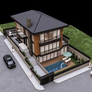 May include: A detailed architectural model of a modern house with a black roof, wooden accents, and large windows. The model includes a pool, patio furniture, and two cars. The house is surrounded by a small yard and a driveway.