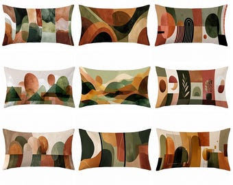 Funda de cojín decorativa geométrica abstracta — Funda de cojín de estilo moderno de mediados de siglo y bohemio — Cojín decorativo en tonos tierra — Personalizable