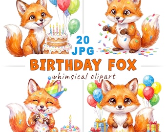 Paquete de imágenes prediseñadas de zorros de cumpleaños: conjunto JPG de animales en acuarela para diseños de fiestas infantiles, invitaciones y tarjetas.